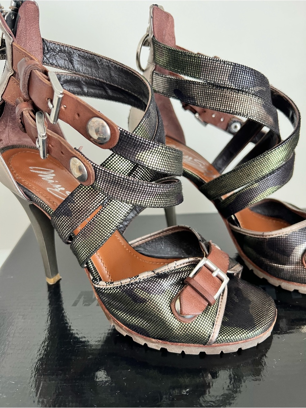 Miss Sixty Iridescent Black Strappy High Heel Sandals with Brown Accents - Picture 6 of 16